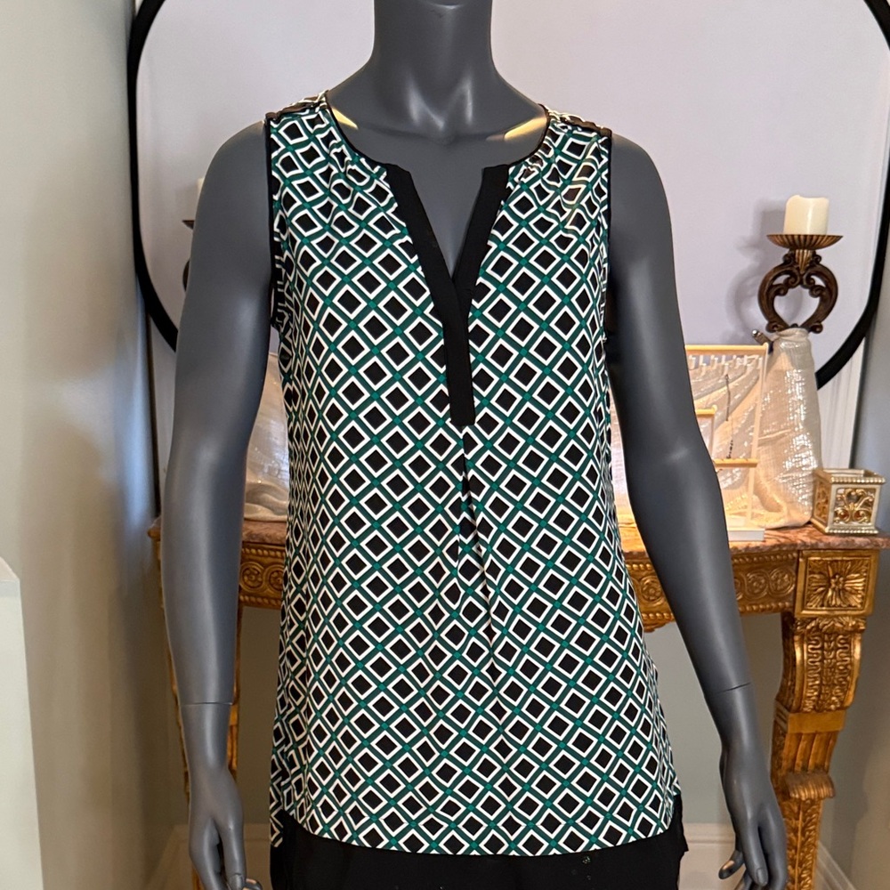 White House Black Market Black and Green Geometric Blouse